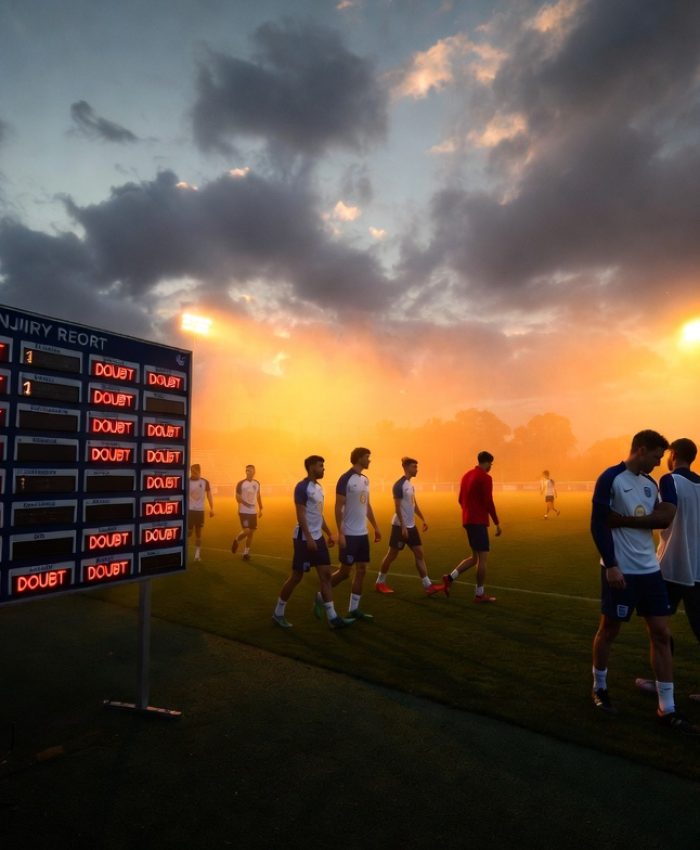 England injury crisis World Cup 2026 — England national team players leaving training at St George's Park with physio support, showing the squad fitness crisis facing Thomas Tuchel ahead of the FIFA World Cup in the United States