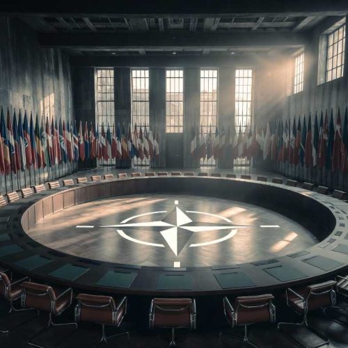 Empty NATO conference room in Brussels symbolizing the 2026 transatlantic alliance tensions between Europe and the United States