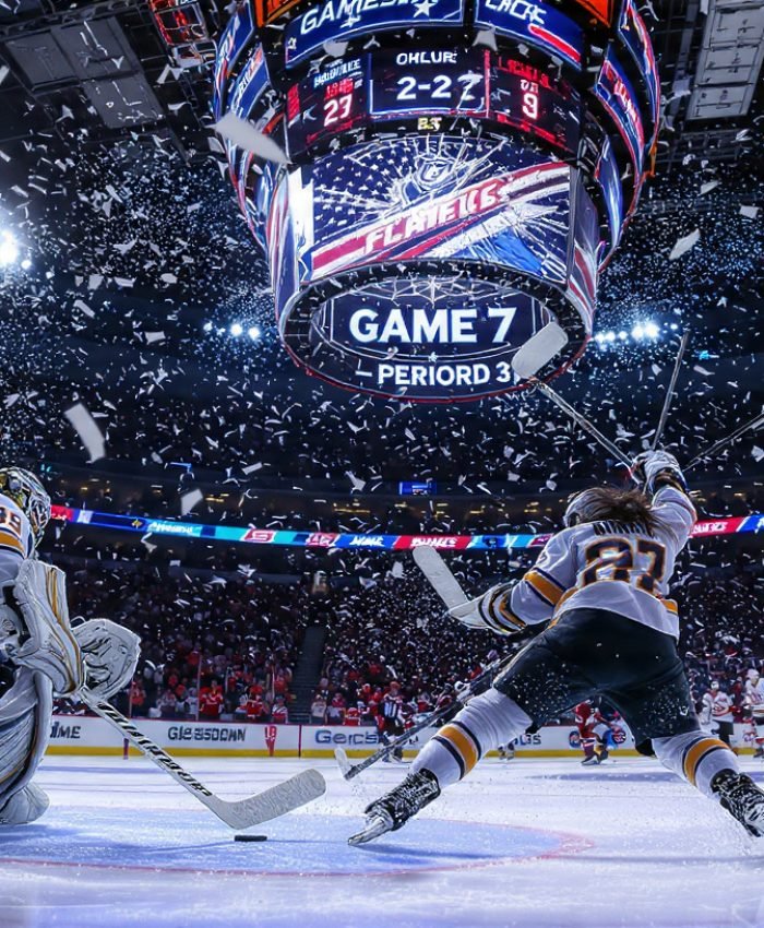 : NHL Game 7 2026 Stanley Cup Playoffs — dramatic goalie save in a packed arena during elimination hockey