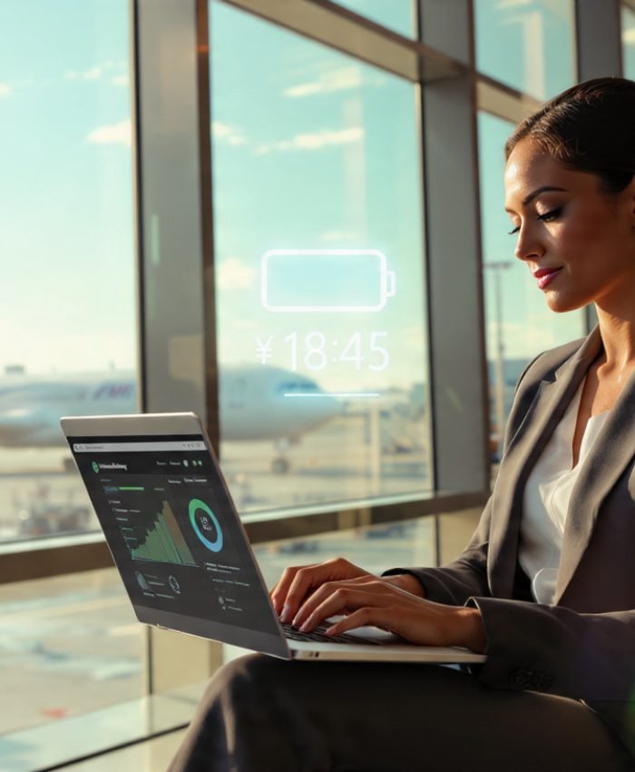 : Professional woman using an all-day battery laptop at an airport in 2026 without a charger