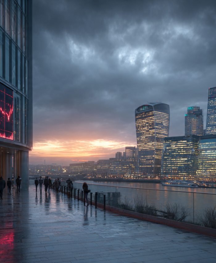 Global economic slowdown 2026 — financial district at dusk with declining stock market graph on digital display