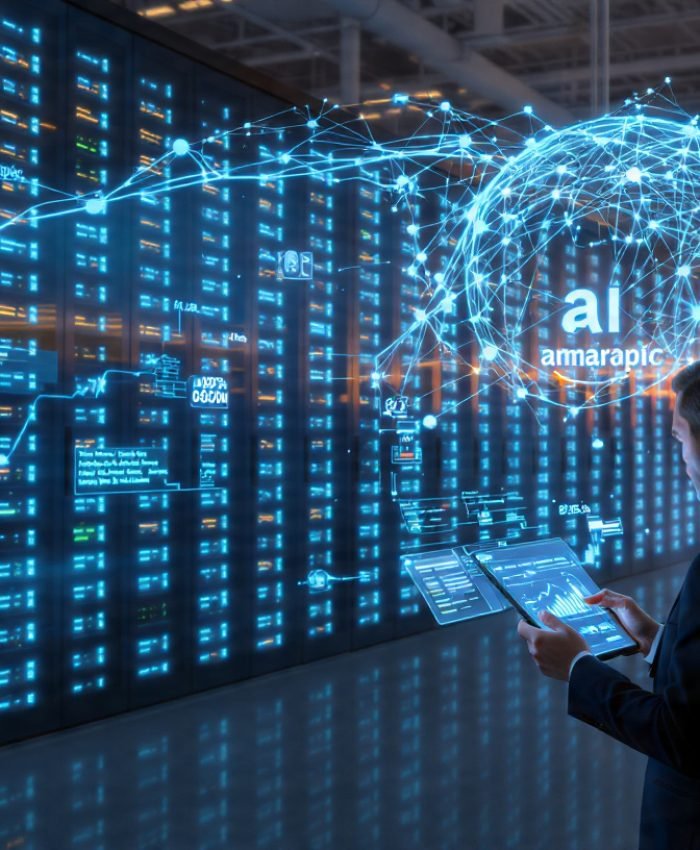 Amazon Anthropic deal 2026 — AI data center with glowing servers and financial growth charts, big tech stock rally visualization