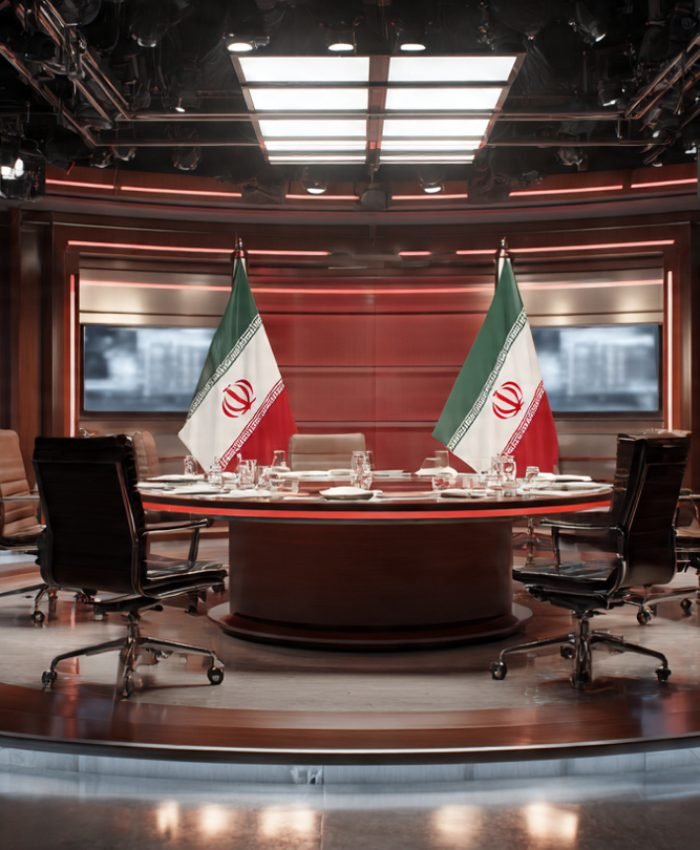 Middle East diplomatic meeting Bahrain flag Iran flag peace negotiation table cinematic newsroom style