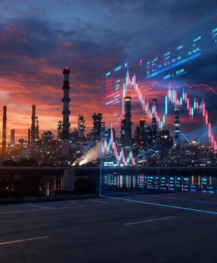 Brent crude oil refinery with falling oil price chart on digital screen, April 2026 energy market decline