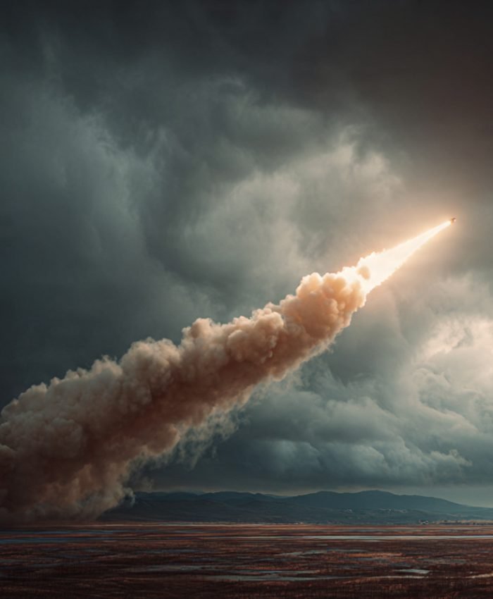 Cinematic realistic missile launch from coastal region, smoke trail, dramatic sky, defense news photography, ultra realistic, 8k