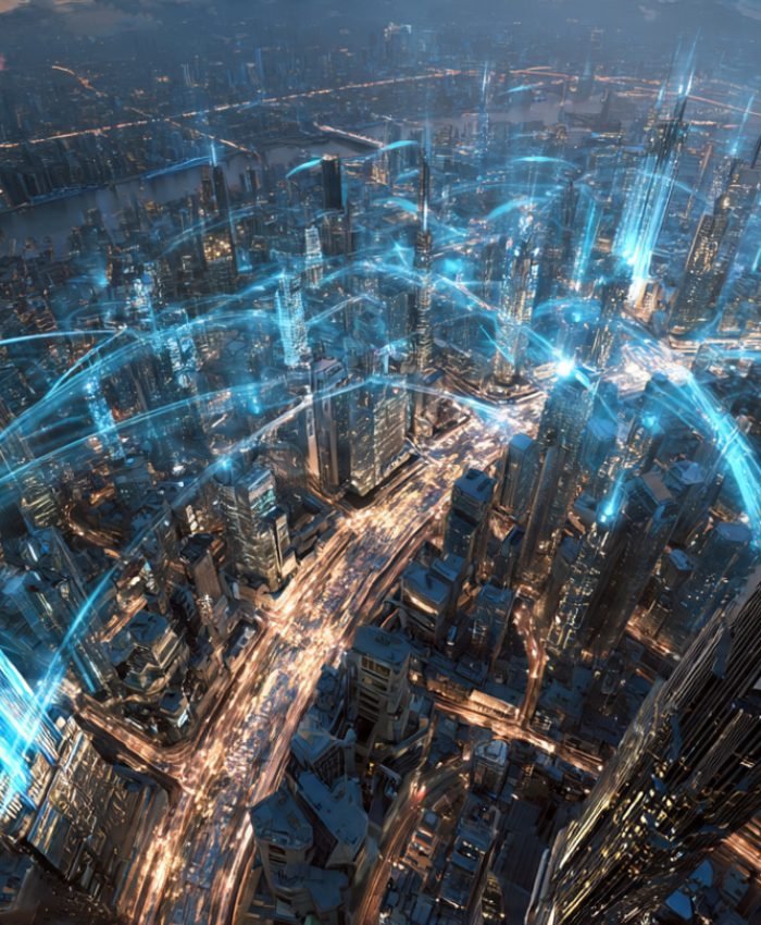 Futuristic smart city at night with 5G and 6G signal waves connecting self-driving cars and drones in 2026