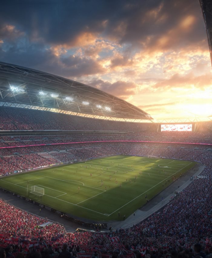 Wembley Stadium during FA Cup 2026 semi-final match at golden hour with full crowd