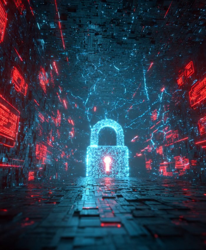: Cybersecurity threats 2026 — digital war room with red alert warnings and cracked padlock representing data breach risks