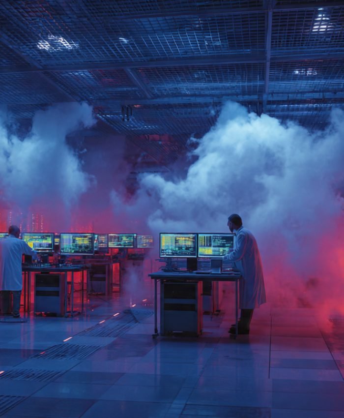 : A technician responding to a global cloud outage inside a large data center with emergency lighting and server errors on screens, April 2026.