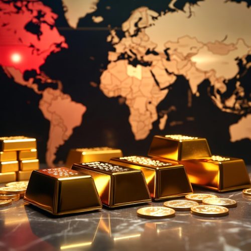 Gold bars and coins with world conflict zones in background representing gold price surge during 2026 war crisis