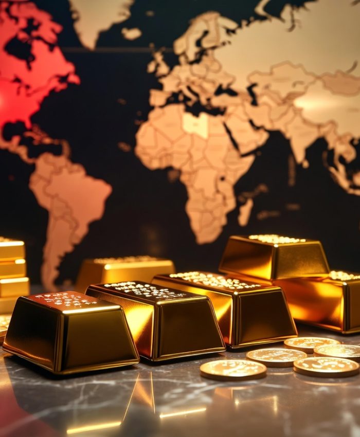 Gold bars and coins with world conflict zones in background representing gold price surge during 2026 war crisis