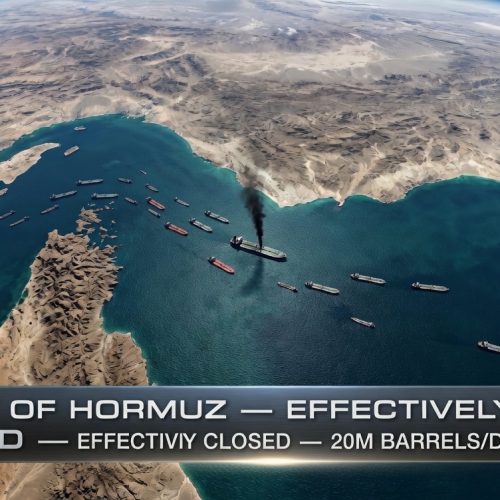 Aerial satellite view of Strait of Hormuz showing over 150 oil tankers anchored at entrance as Iran closes waterway to Western shipping blocking 20 million barrels per day March 2026