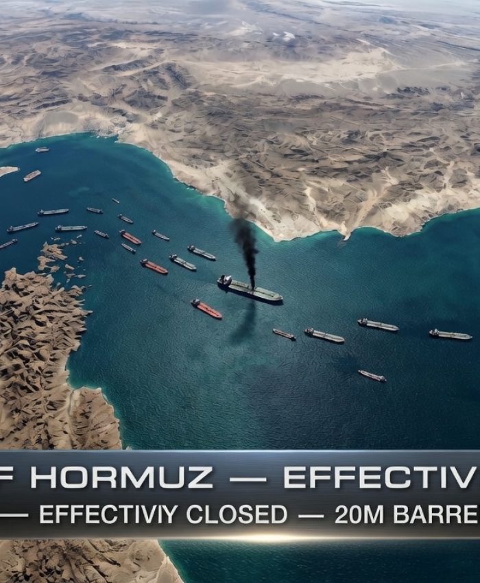 Aerial satellite view of Strait of Hormuz showing over 150 oil tankers anchored at entrance as Iran closes waterway to Western shipping blocking 20 million barrels per day March 2026