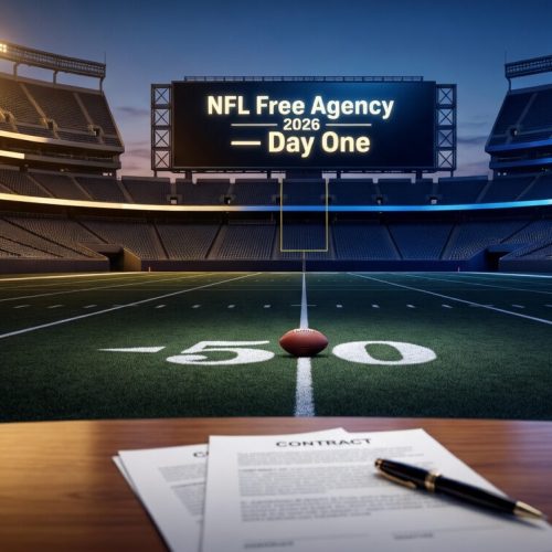 NFL free agency 2026 biggest signings — empty stadium at dusk with contract papers and football on 50-yard line