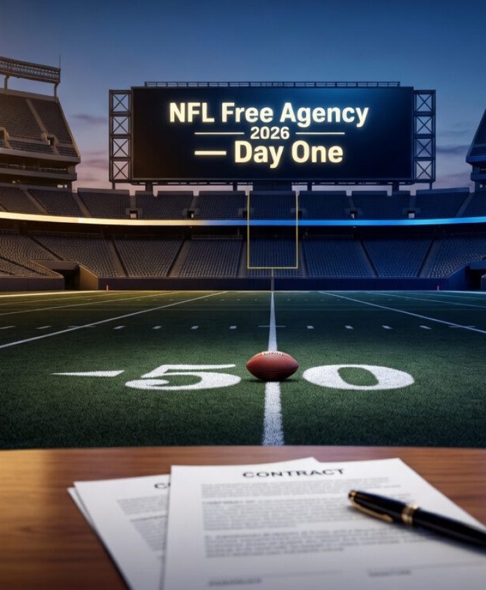 NFL free agency 2026 biggest signings — empty stadium at dusk with contract papers and football on 50-yard line