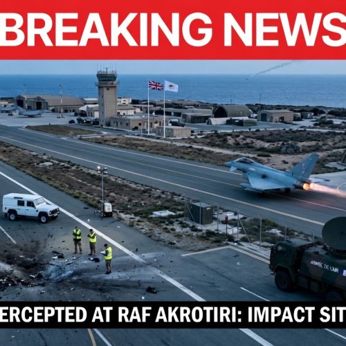 RAF Akrotiri air base Cyprus at dawn after Iranian Shahed drone struck runway on March 2 2026 with British military response team and French anti-drone deployment visible