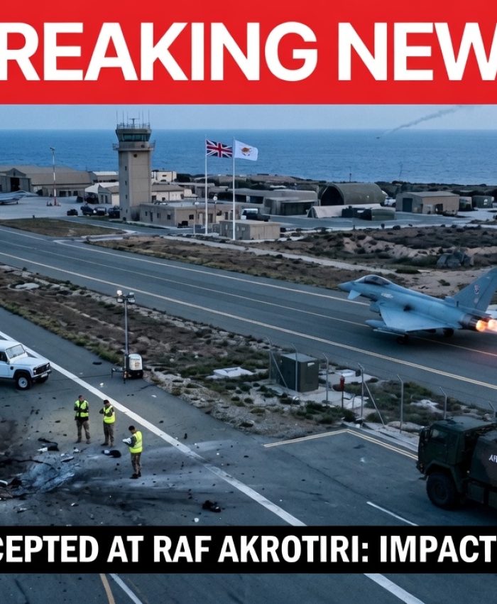 RAF Akrotiri air base Cyprus at dawn after Iranian Shahed drone struck runway on March 2 2026 with British military response team and French anti-drone deployment visible