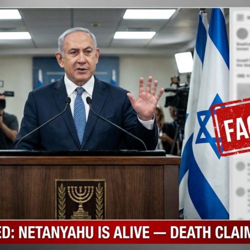 Israeli Prime Minister Benjamin Netanyahu at podium in Tel Aviv with Israeli flags as PMO debunks viral death rumour and fake news assassination claims March 2026