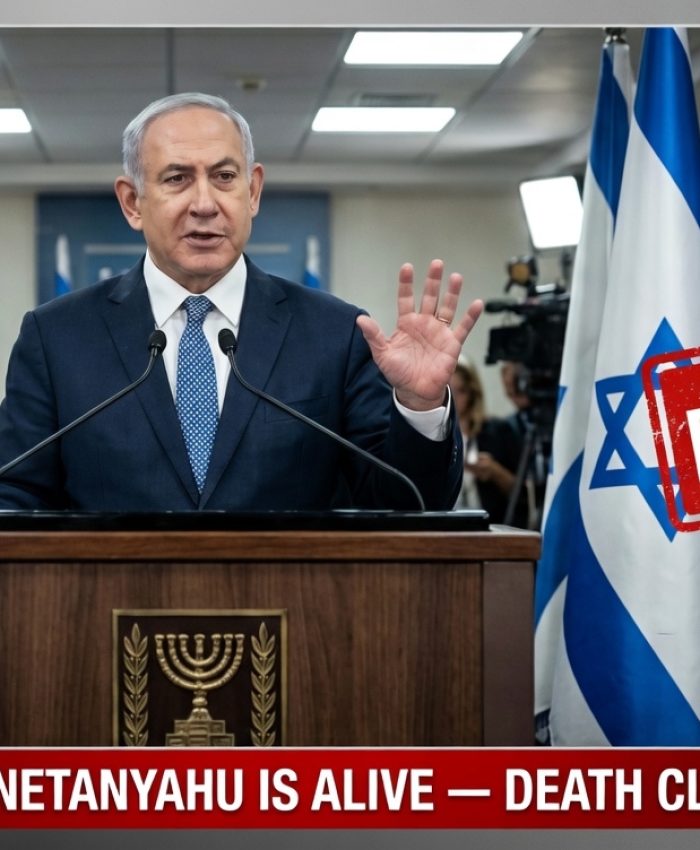 Israeli Prime Minister Benjamin Netanyahu at podium in Tel Aviv with Israeli flags as PMO debunks viral death rumour and fake news assassination claims March 2026