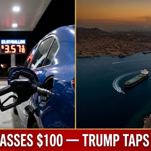 US gas station pump at $3.57 per gallon alongside Strait of Hormuz oil tanker blockade as Trump announces 172 million barrel SPR release March 2026
