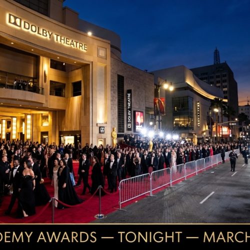 Oscar statuette gold trophy close-up under amber spotlight at the 98th Academy Awards ceremony Oscars 2026 Hollywood Dolby Theatre March 15