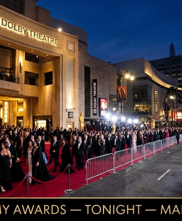 Oscar statuette gold trophy close-up under amber spotlight at the 98th Academy Awards ceremony Oscars 2026 Hollywood Dolby Theatre March 15