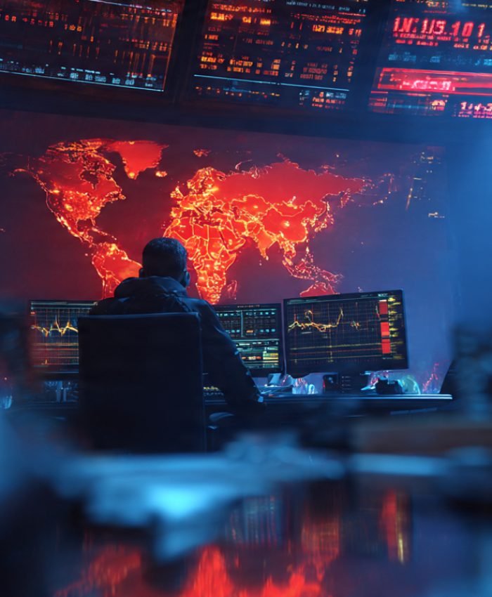 Global market uncertainty 2026 — stock market selloff displayed on trading floor screens with world map showing geopolitical hotspots