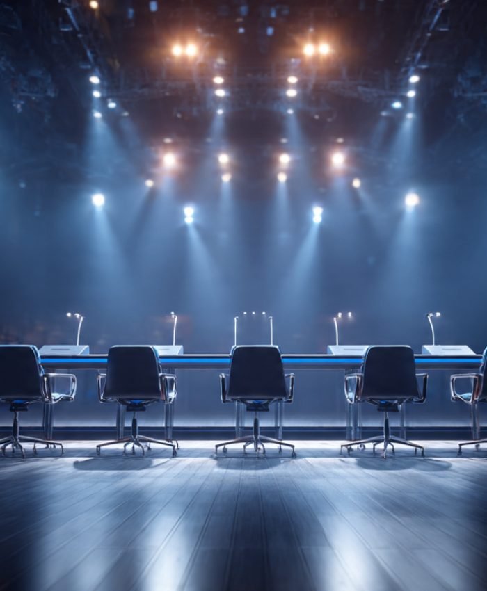 Political debate studio discussion panel microphones dramatic lighting opinion talk show banner style image 16:9