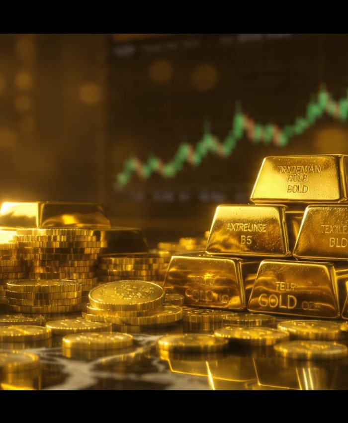 Gold bars and coins on a dark marble surface with stock market chart in background — gold price record high 2026