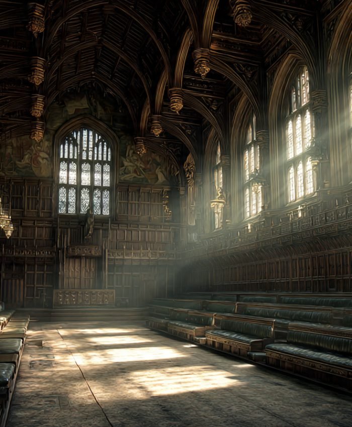 UK Parliament interior dramatic lighting political debate atmosphere