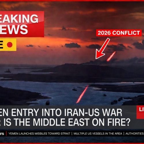 Yemen Iran US war 2026 — aerial view of the Bab al-Mandab Strait with US Navy warships and Houthi missile threat over Red Sea commercial shipping route, representing the Yemen Middle East conflict and global trade disruption