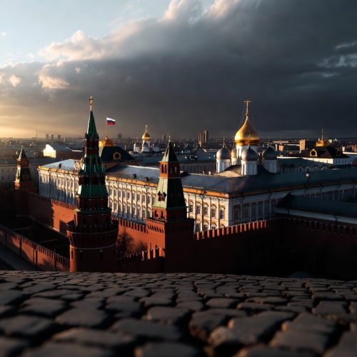 Russia global strategy 2026 — Kremlin at dusk symbolizing Moscow's expanding geopolitical influence amid Western pressure