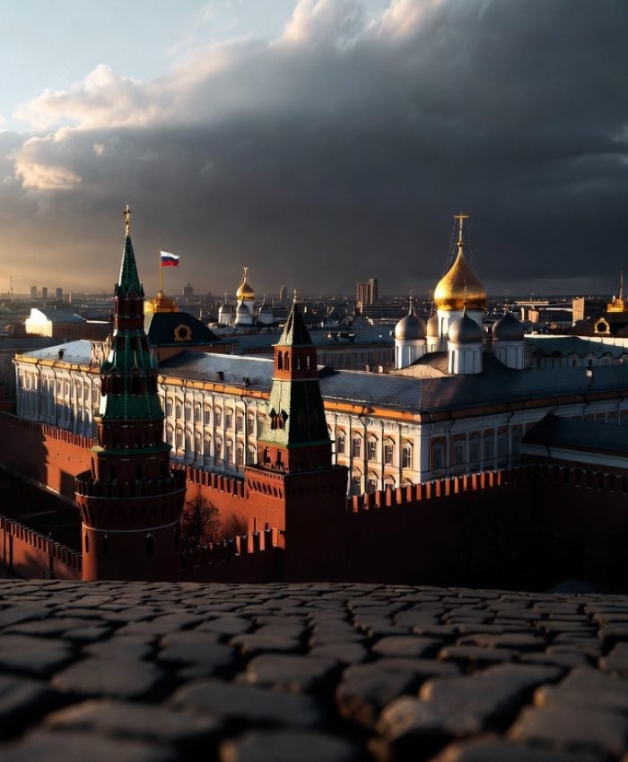 Russia global strategy 2026 — Kremlin at dusk symbolizing Moscow's expanding geopolitical influence amid Western pressure