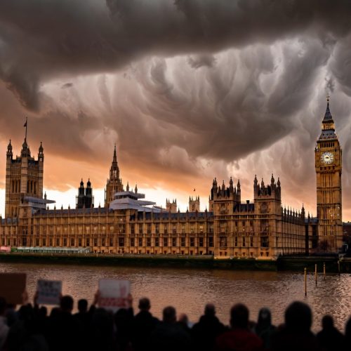 Houses of Parliament at dusk with stormy sky reflecting UK political and economic crisis 2026