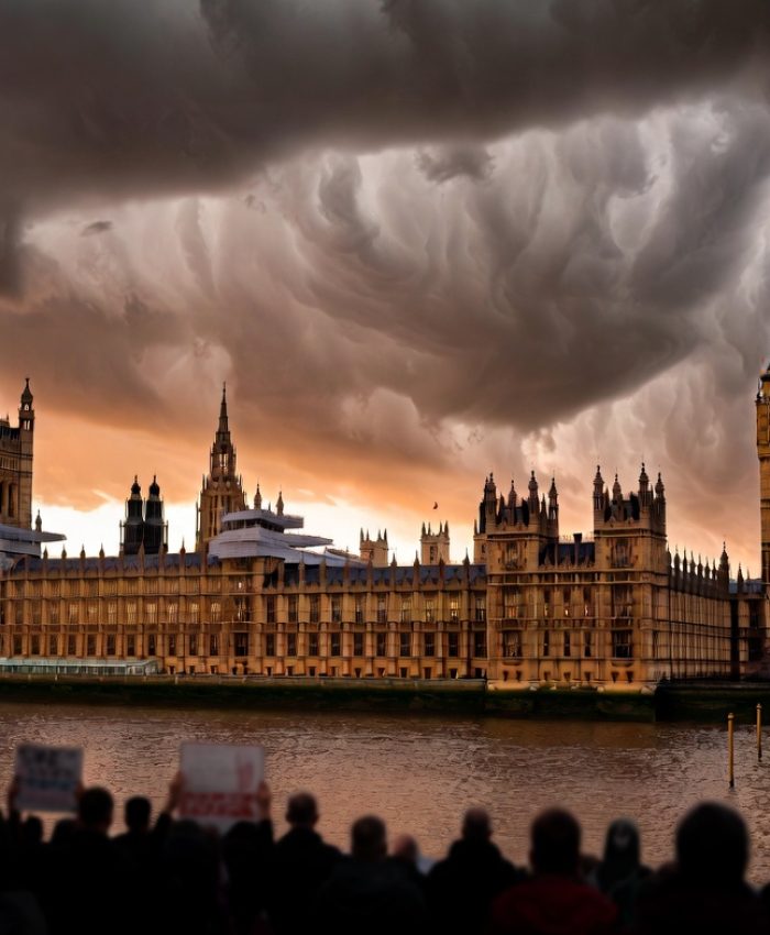 Houses of Parliament at dusk with stormy sky reflecting UK political and economic crisis 2026